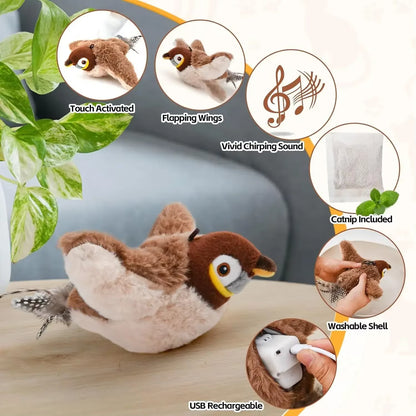 Interactive Flapping Chirping Bird Cat Toys with Catnip - Touch Activated Electric Toy Bird for Cats Mental Stimulation